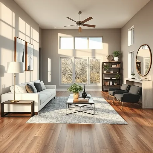 Remodeled living room in Lost Creek TX with elegant flooring, stylish decor, and abundant natural light.