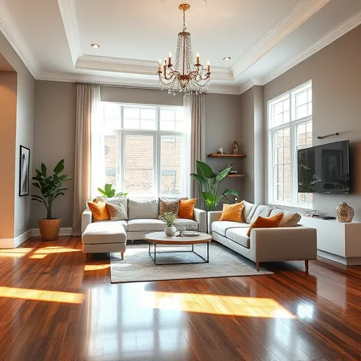 Completed home remodeling in Oak Hill, TX showcases a modern living room with hardwood floors, neutral furnishings, and stylish accents.