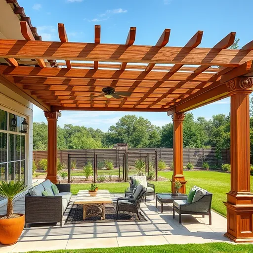 Covered patio in Austin TX with a wooden pergola, stylish furniture, lush garden, blue sky, and ambient lighting