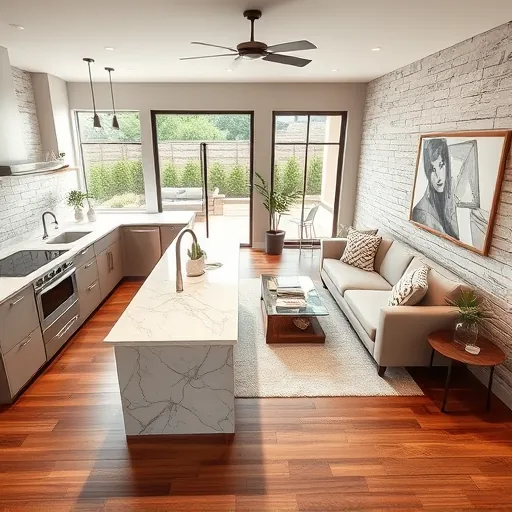 A stunning open-concept living area in Buda TX featuring modern kitchen and elegant decor with natural light and lush backyard.