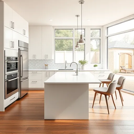 Renovated Austin kitchen with sleek minimalist cabinets, quartz countertops, stainless steel appliances, and natural light