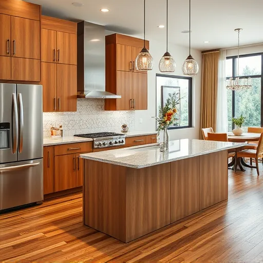 Remodeled West Lake Hills Texas kitchen with modern wood cabinets granite island stainless appliances stylish backsplash and natural light