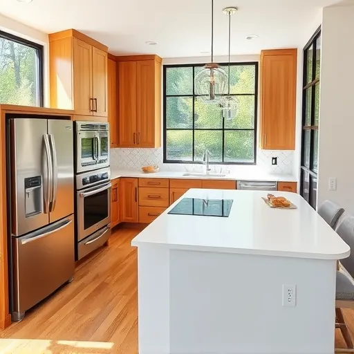 Modern kitchen in Spicewood TX with stainless steel appliances, custom wood cabinets, white quartz countertops, and outdoor view
