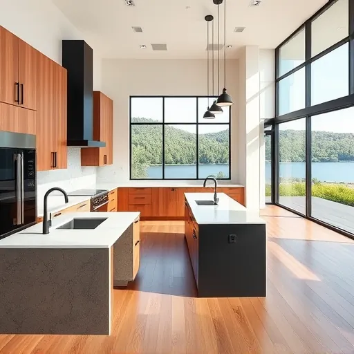 Modern renovated Lakeway TX kitchen with quartz countertops black fixtures custom wood cabinets large island stainless appliances natural light scenic lake view