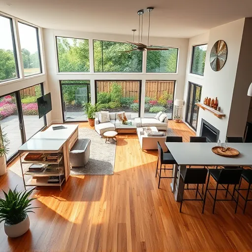 Modern open-concept living space in Barton Creek TX featuring sleek hardwood floors, stainless steel appliances, and a garden view.