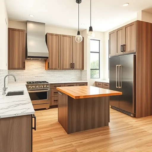 Remodeled kitchen in Lost Creek TX with granite countertops, stainless appliances, wooden island, subway tile backsplash, and natural light