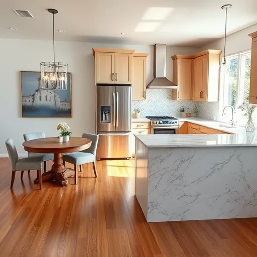 Modern kitchen remodel in Buda TX features elegant marble countertops, high-end appliances, and cozy dining area.