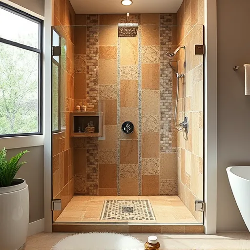 Beautiful custom tile shower in Austin with warm mosaic tiles, sleek fixtures, glass enclosure, and natural light.