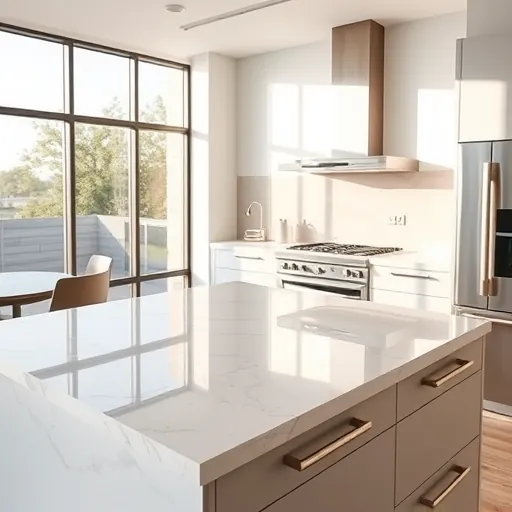 Modern Austin kitchen with polished quartz countertop, minimalist cabinetry, stainless steel appliances, and natural sunlight.