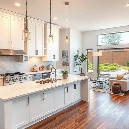 Modern kitchen remodel in Rough Hollow TX with sleek cabinetry, quartz island, and stainless appliances, enriched by natural light.