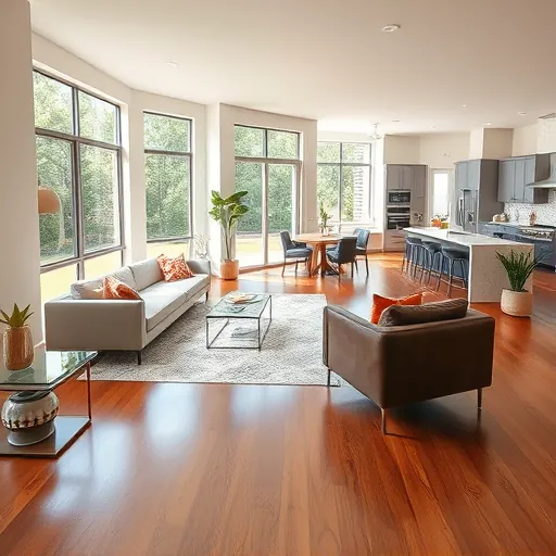 Elegant modern living room in Travis Country TX, featuring large windows, neutral tones, and luxury kitchen details.