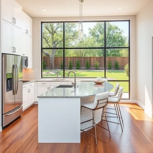 Modern kitchen remodel in Steiner Ranch, TX featuring sleek white cabinetry, stainless steel appliances, and a cozy island.