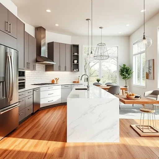 Beautiful renovated Mueller Texas kitchen with modern matte cabinetry stainless steel appliances granite island subway tile backsplash hardwood flooring and natural light