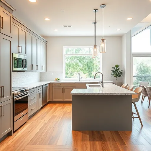 Remodeled Windsor Park TX kitchen with matte cabinets, granite countertops, subway tile backsplash, stainless appliances, hardwood floors, and large windows
