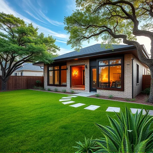 Beautiful modern home addition in Austin with sleek design, large windows, landscaped yard, and Texas native plants