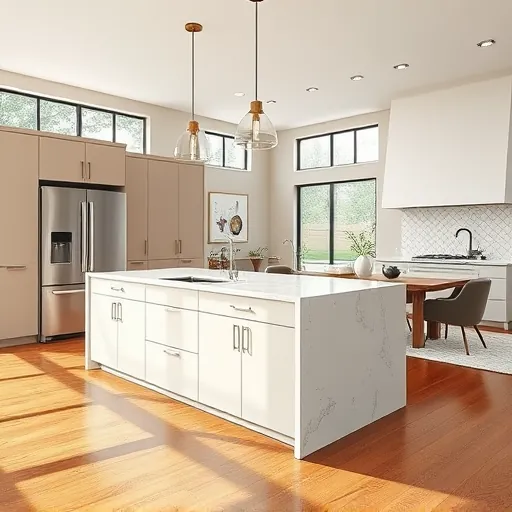 Recently remodeled kitchen in Austin, featuring neutral cabinetry, quartz island, stainless appliances, and hardwood floors.