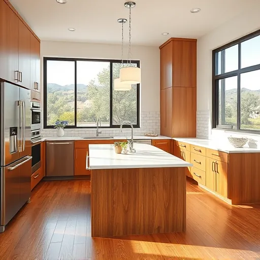 Beautiful completed Driftwood Texas kitchen with sleek modern cabinetry, stainless steel appliances, quartz island, and hardwood floors