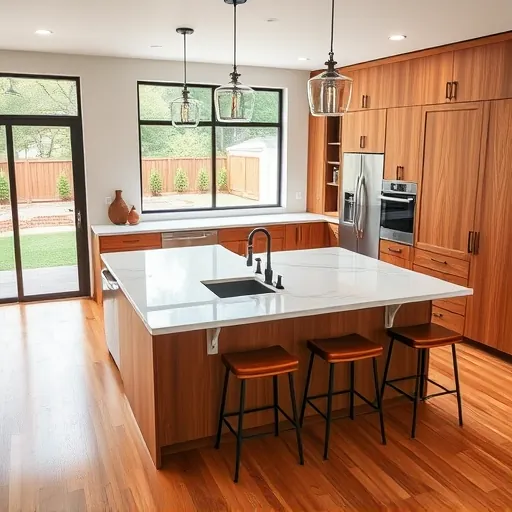 Completed modern kitchen in Tarrytown TX with warm wood cabinetry, white quartz countertops, farmhouse sink, large island, and natural light