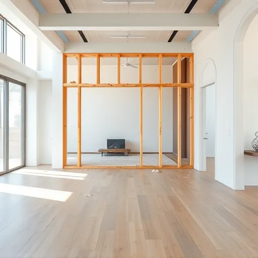 Finished load-bearing wall removal in Austin showcasing exposed beams, natural light, polished floors, and modern interior details