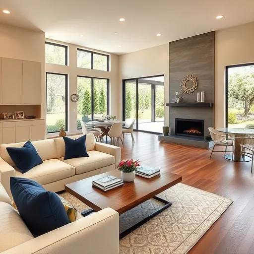 Modern living room in Barton Creek TX features elegant decor, warm colors, and seamless indoor-outdoor flow.