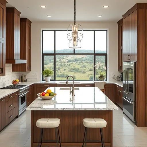 Elegant Driftwood TX kitchen with granite countertops, walnut cabinets, and serene Texas Hill Country view.