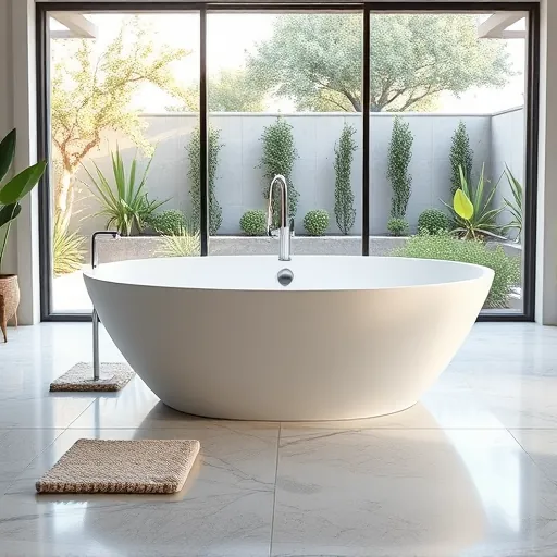 Modern upscale bathroom in Austin with white acrylic freestanding bathtub, chrome fixtures, natural light, lush Texas plants