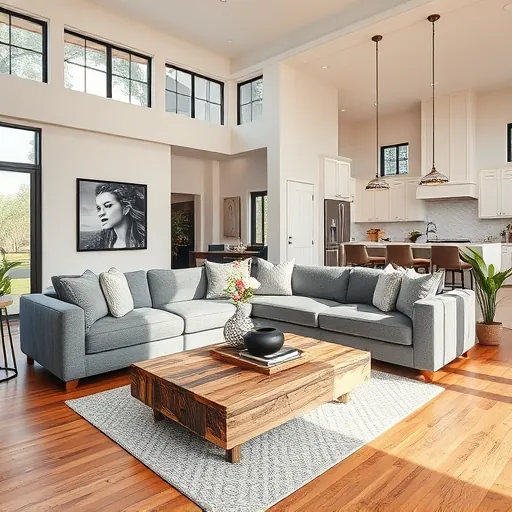 Modern living room in Barton Hills TX features elegant furnishings, open layout, and a stylish kitchen area.