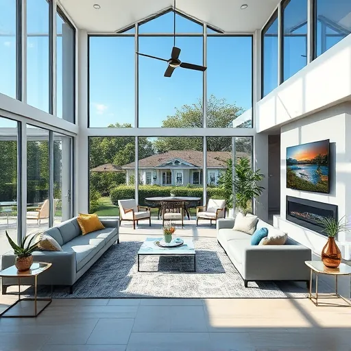 Renovated Austin TX home interior with modern design, large windows, natural light, stylish decor, lush greenery outside