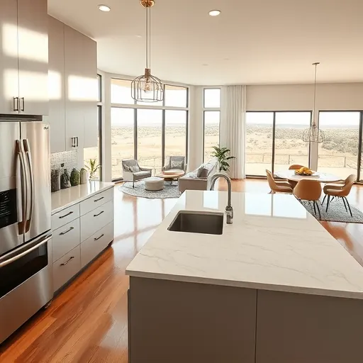 Renovated kitchen in Rough Hollow TX with modern cabinetry, stainless steel appliances, quartz countertops, and natural lighting.