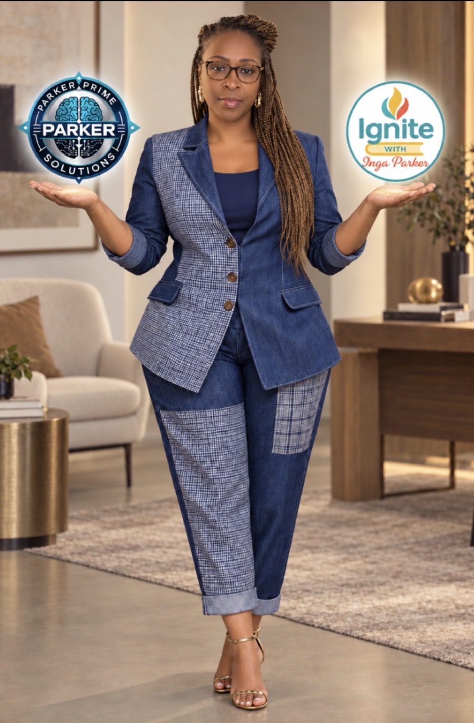 Dr. Inga Parker holding the Parker Prime Solutions and Ignite with Inga Parker logos