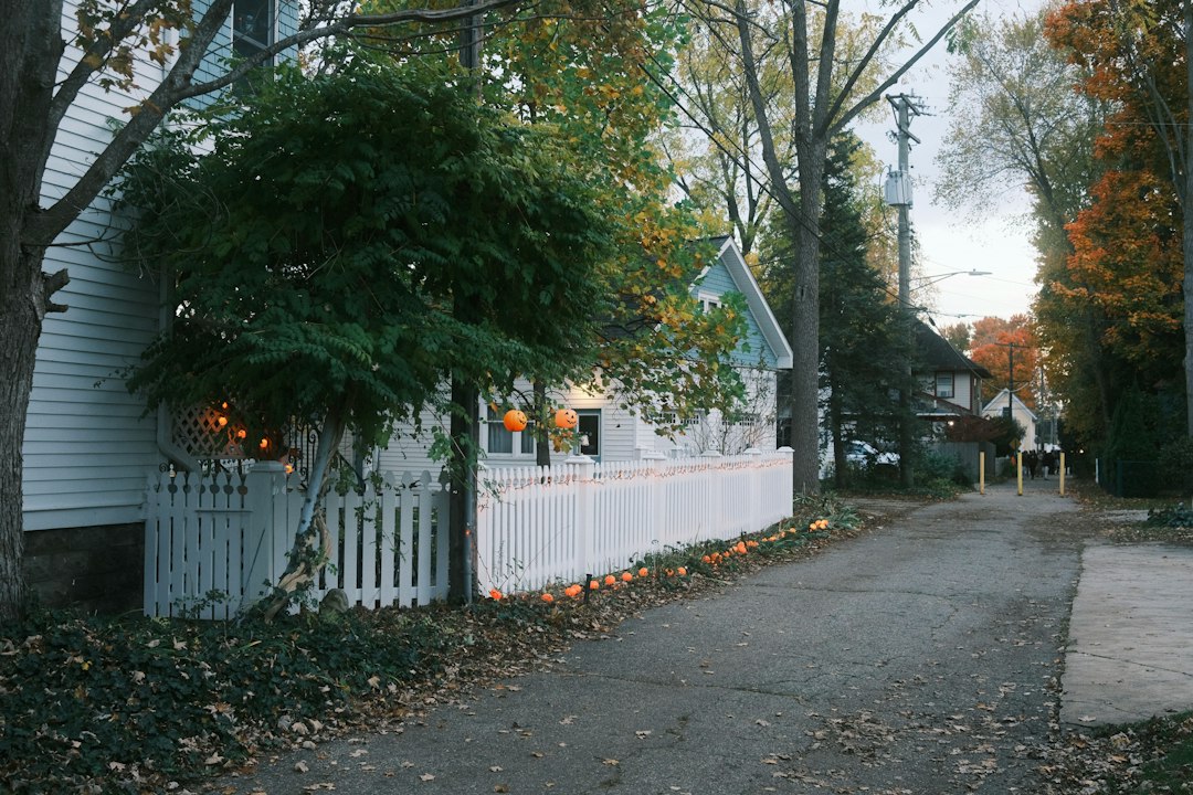 Autumn residential side street with a white picket fence, clapboard houses and fallen leaves along the pavement.