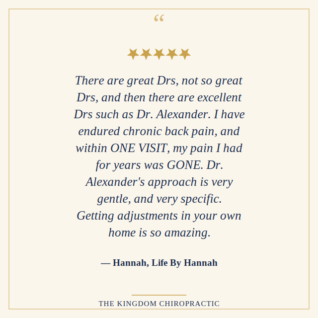 5-star review from Hannah, Life By Hannah — chronic back pain gone within one visit.