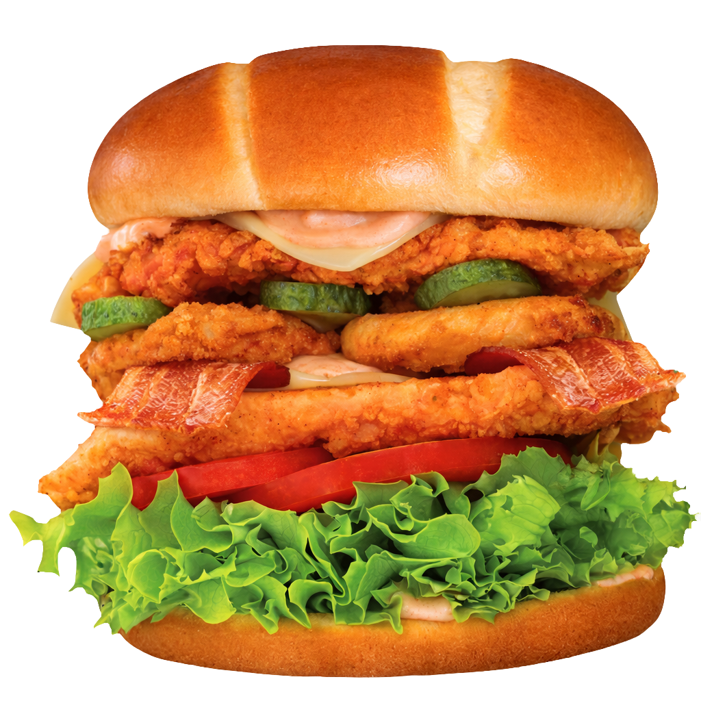 Fried chicken tender burger with vegetables in a brioche bun