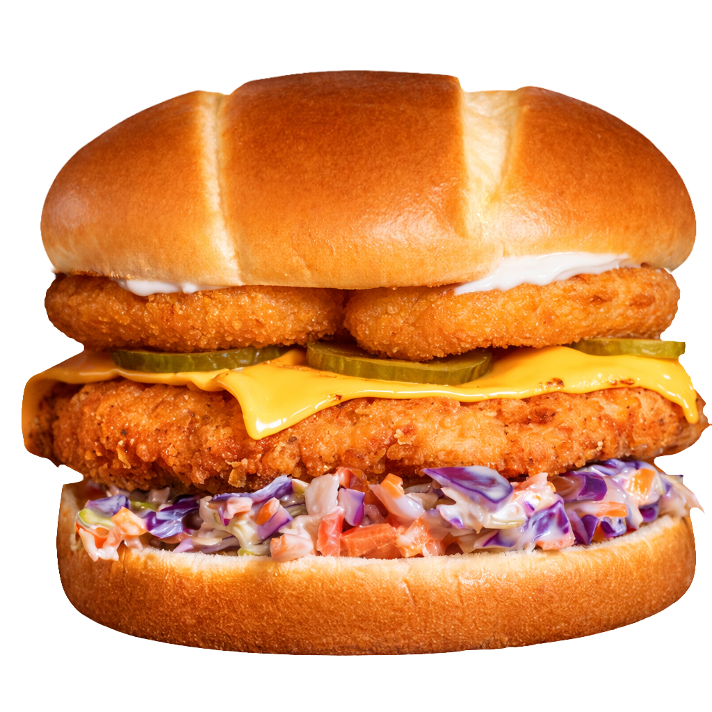 Crispy chicken patty burger with coleslaw and pickles