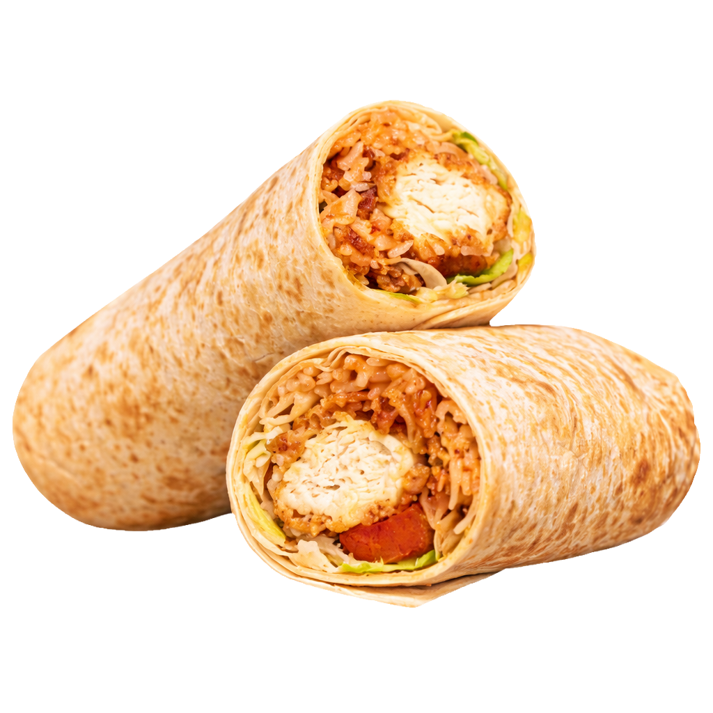 Mexican-style wrap with chicken, rice, lettuce, and cheese