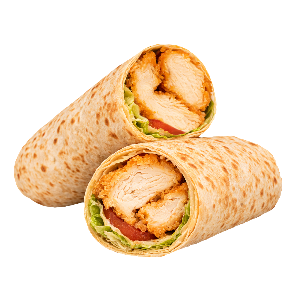 Chicken wrap with lettuce, cheese, and tomato