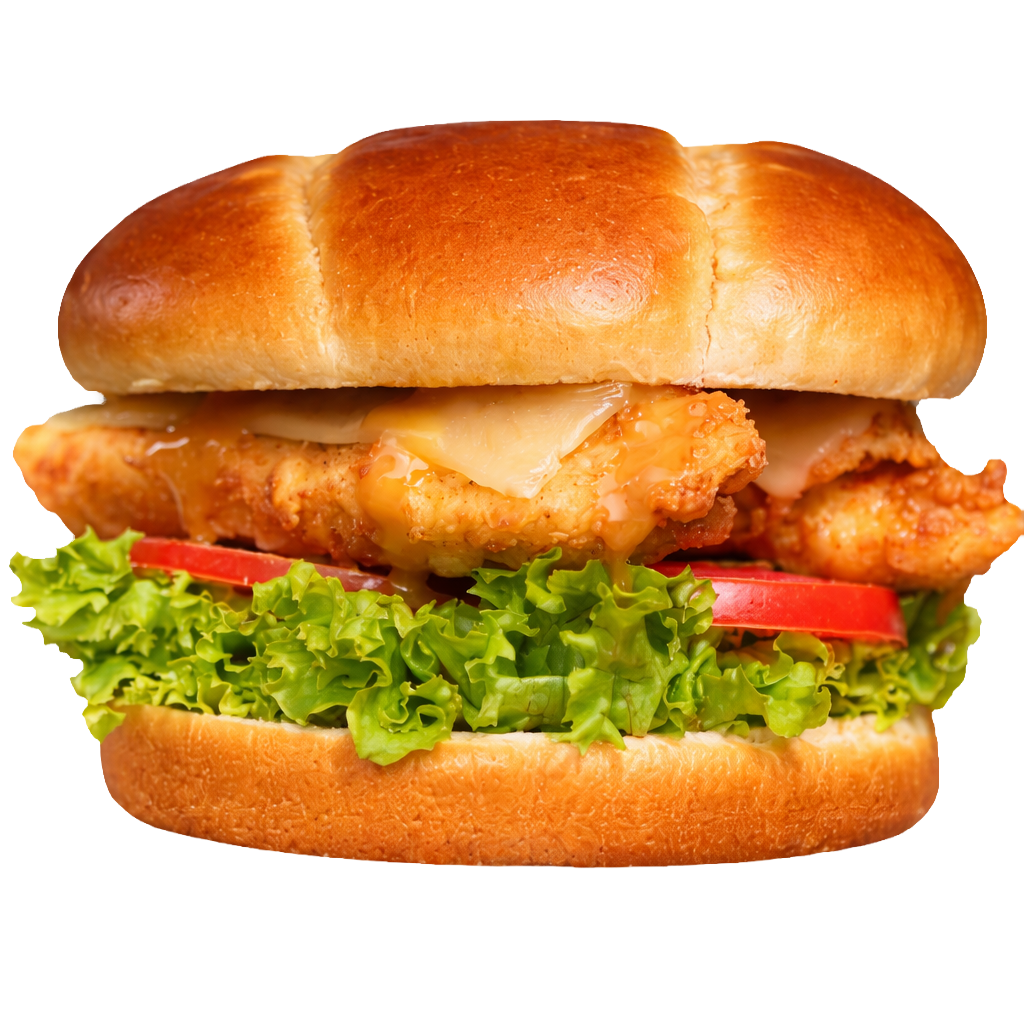 "Chicken burger with lettuce, cheese, and tomato