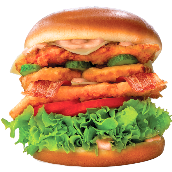 Fried chicken tender burger with vegetables in a brioche bun