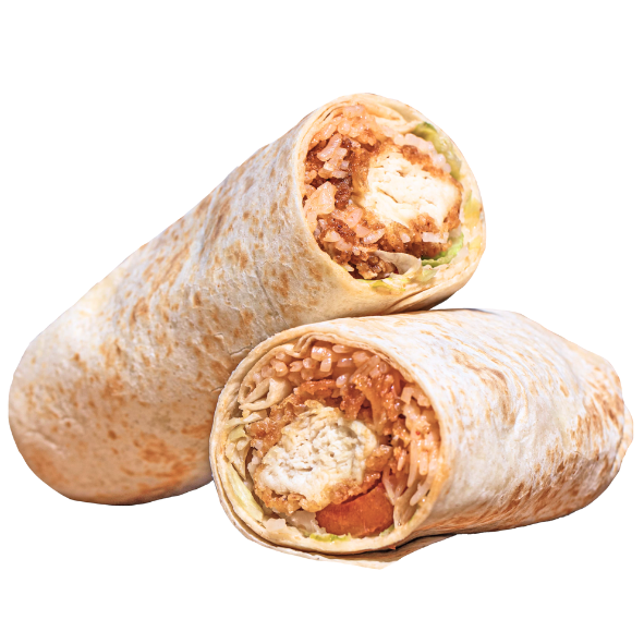 Mexican-style wrap with chicken, rice, lettuce, and cheese