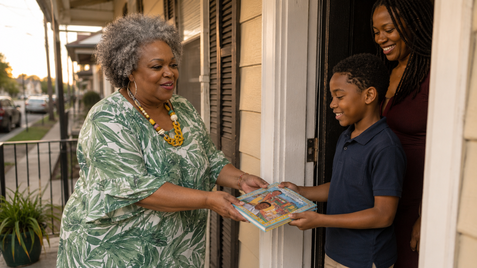 Pamela on a New Orleans porch handing a book to a boy, his mother in the doorway