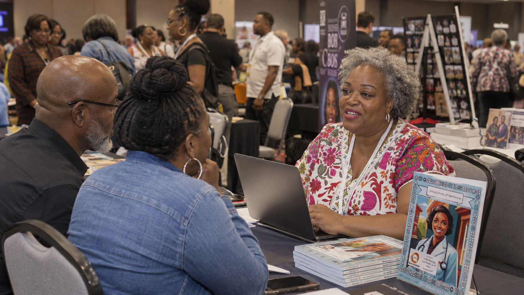 Pamela seated at a table with a laptop, talking with a couple at an education expo