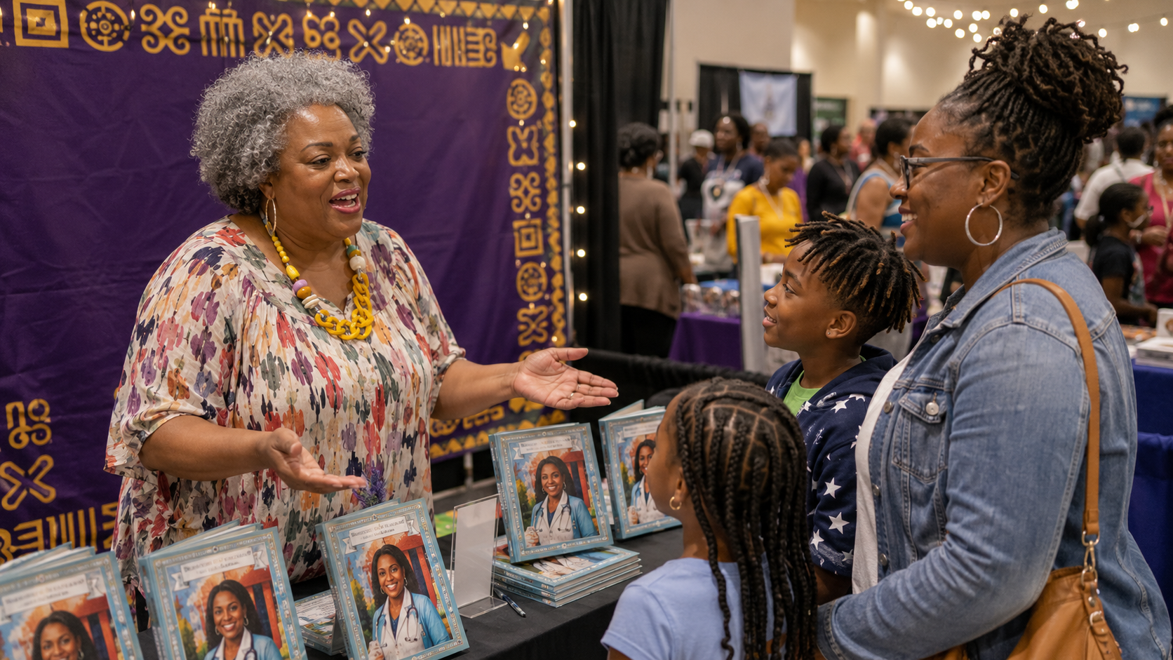 Pamela at a homeschool convention booth with a purple and gold Adinkra-pattern banner behind her
