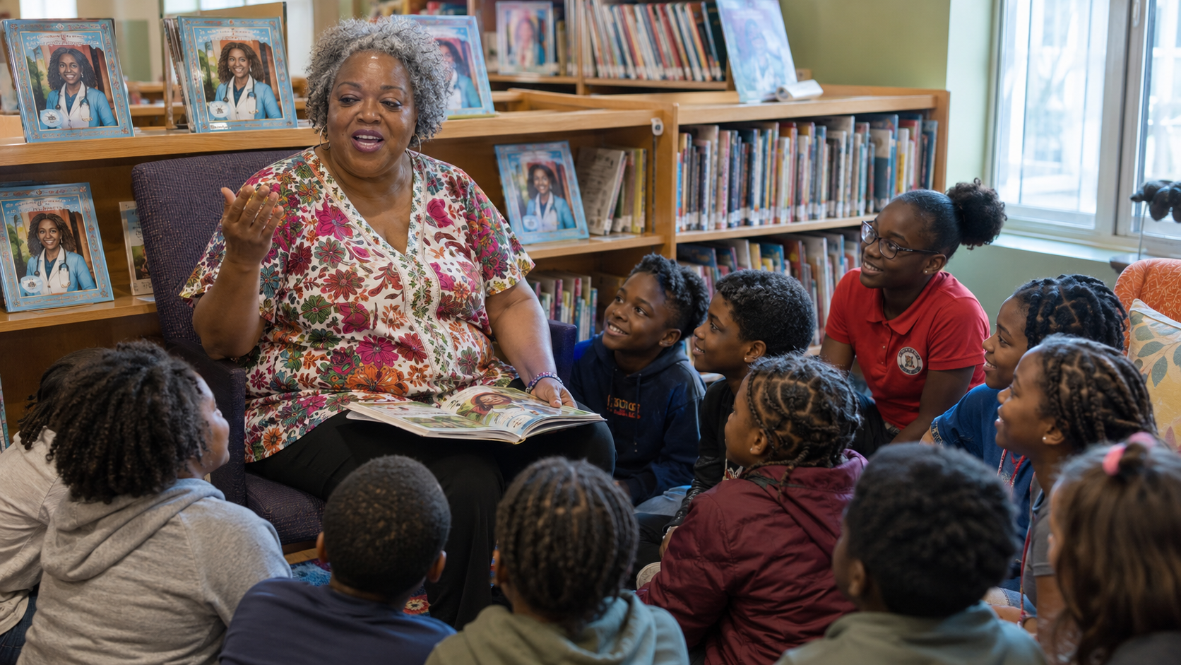 Pamela seated, reading to a semicircle of older children in a library