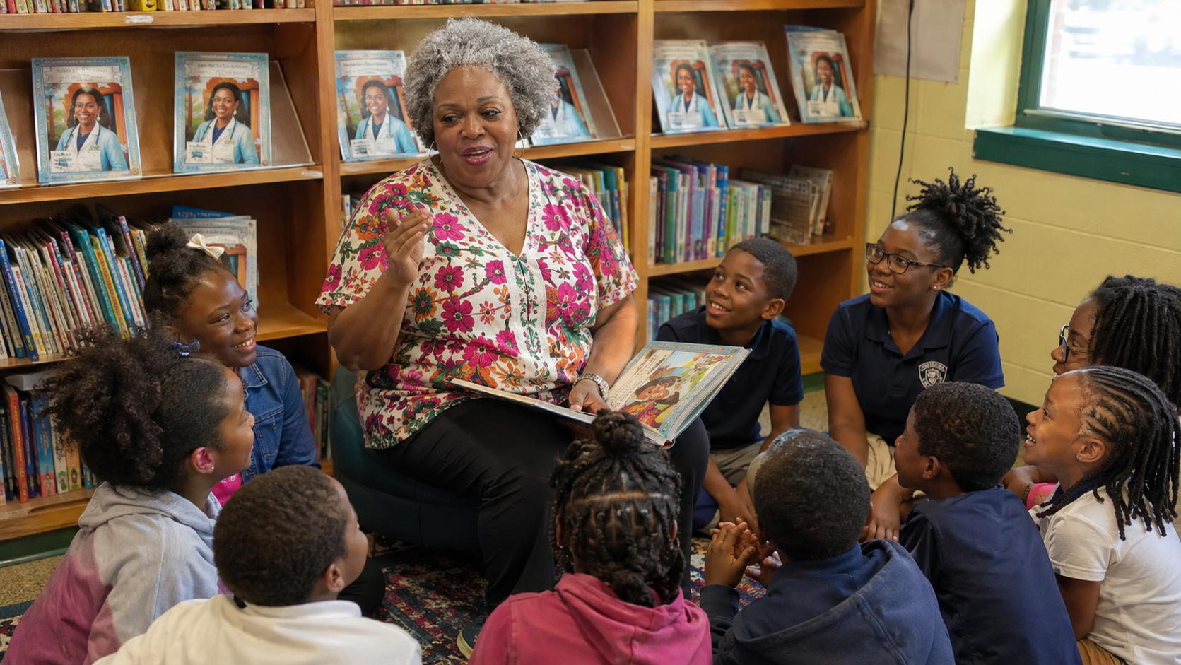 Pamela reading aloud to a group of children seated on a library floor