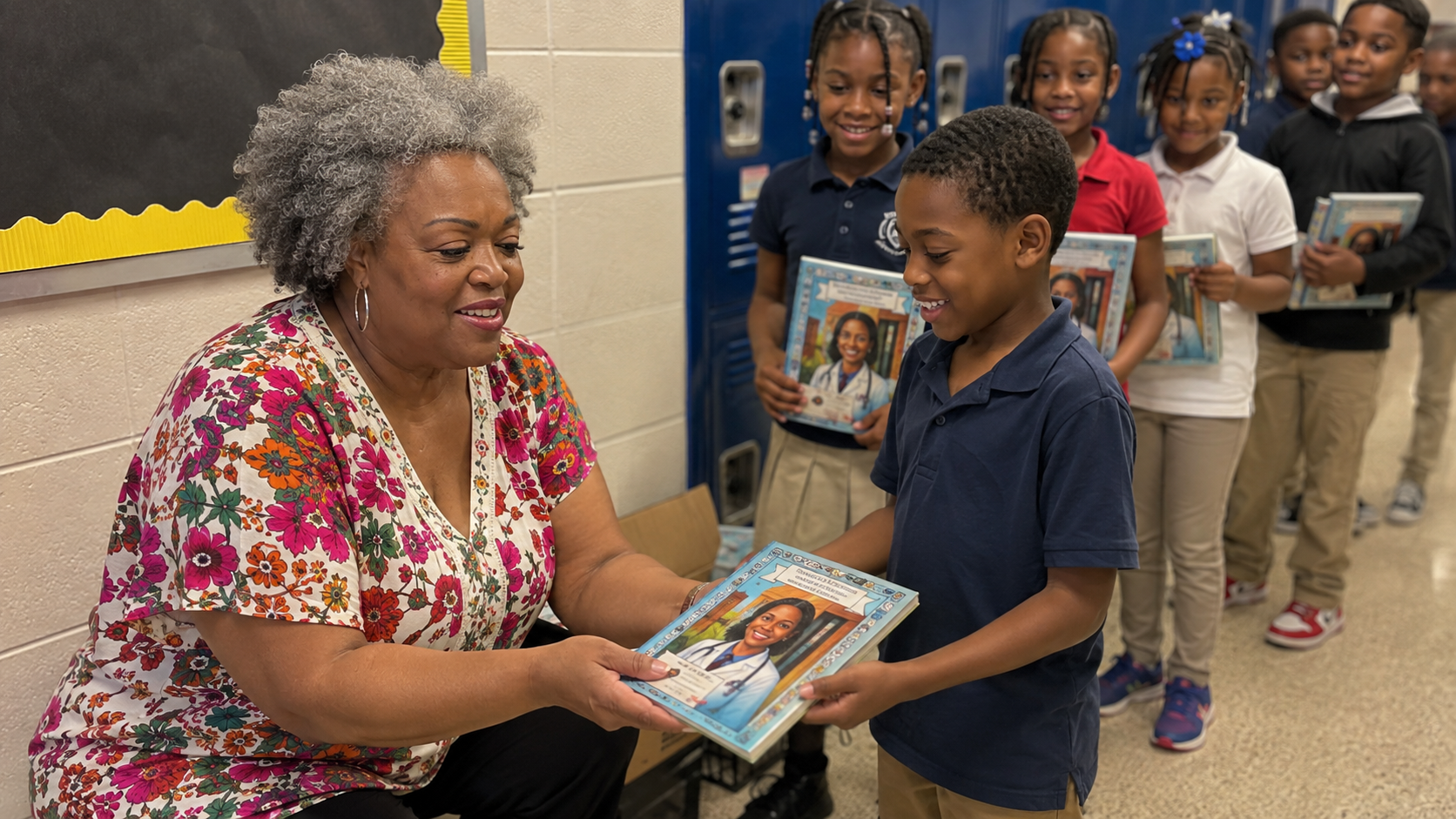 Pamela handing a book to a boy in a school hallway, other students holding books nearby
