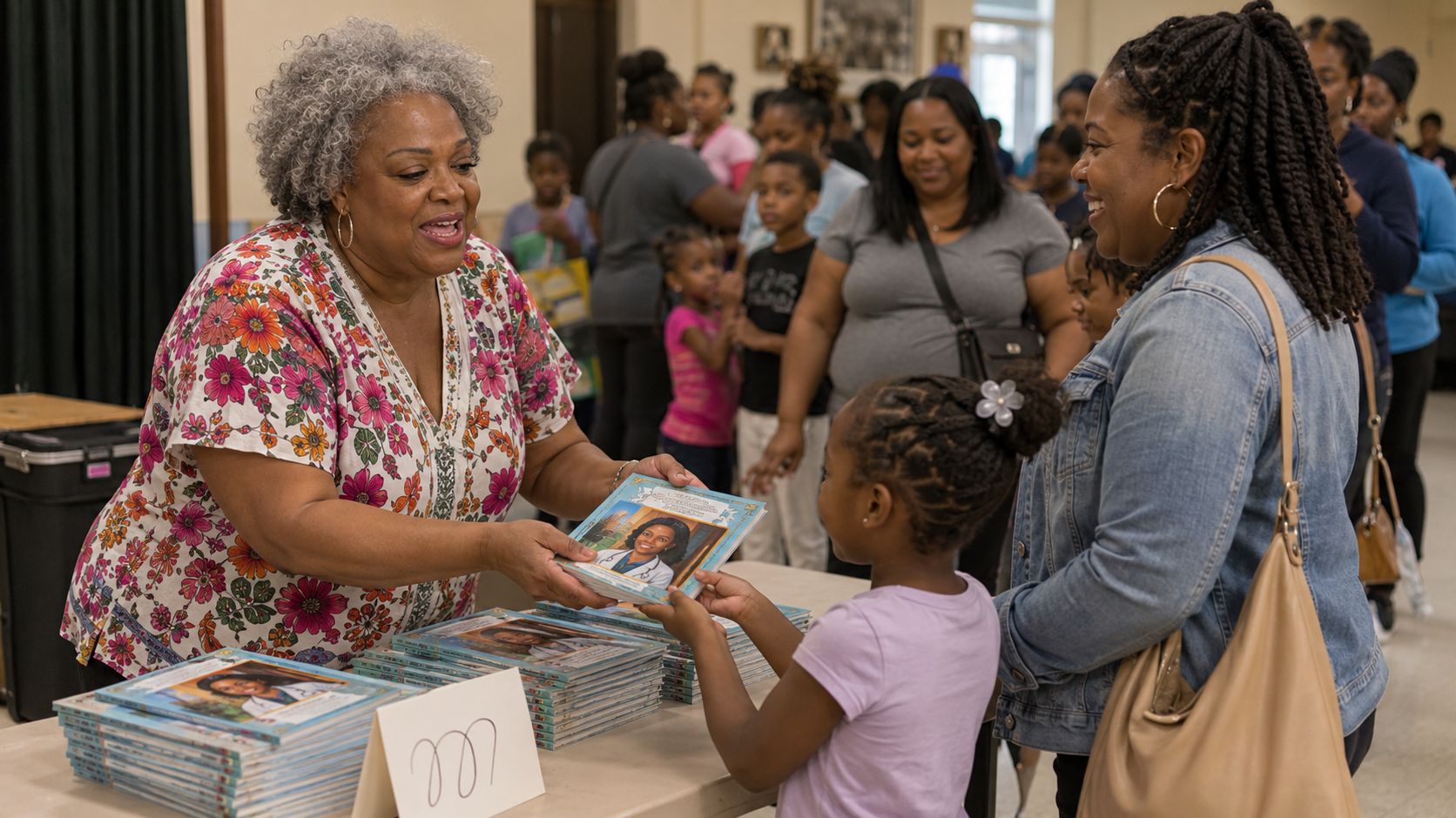 Pamela handing a book to a girl at a community center donation table, her mother beside her