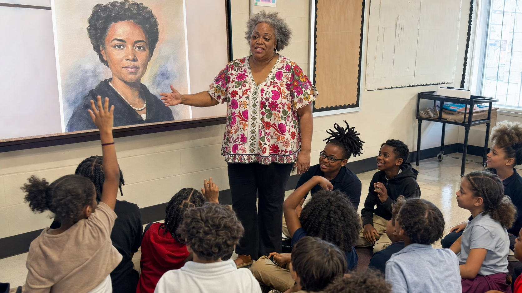 Pamela teaching a classroom of seated children in front of a screen showing a historical portrait