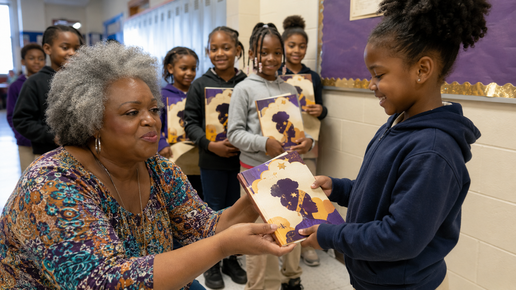 Pamela handing a book to a girl in a school hallway, a line of students holding the same book behind her