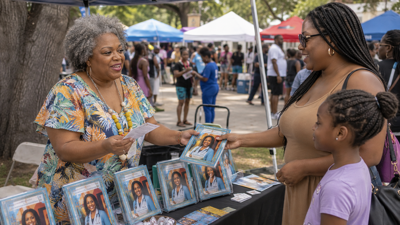 Pamela handing a book to a mother and daughter at an outdoor community book fair