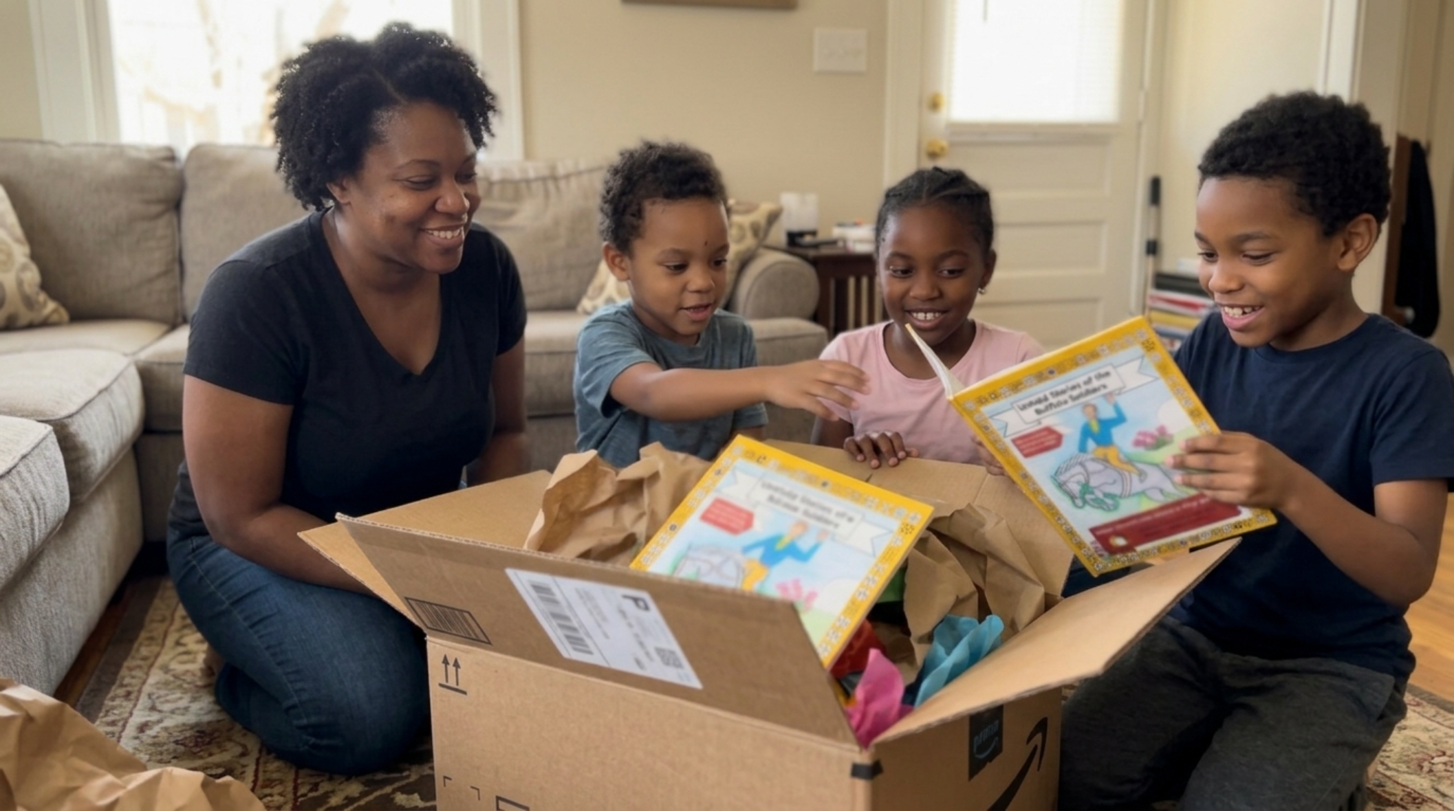 A mother and her three children together on the living room floor, unboxing their Color History books